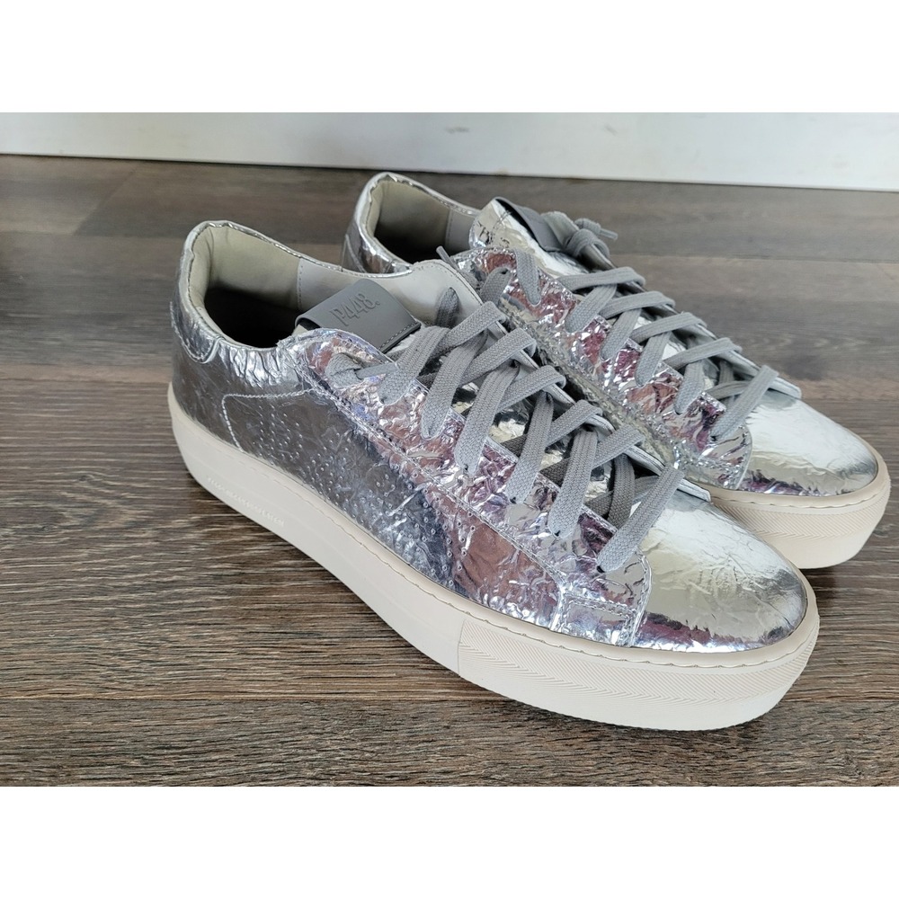 P448 Thea Silver Metallic Crinkled Leather Platform Sneakers 40‎ Mens 7 Womens 9